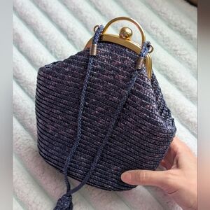 Vintage La Regale MCM 1960s Navy Blue Wicker & Raffia Evening Bag